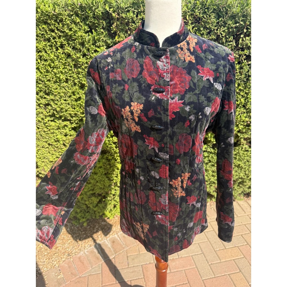 Vintage FA Chatta Floral Velvet Quilted Jacket Mandarin Collar Toggle Black Sz L